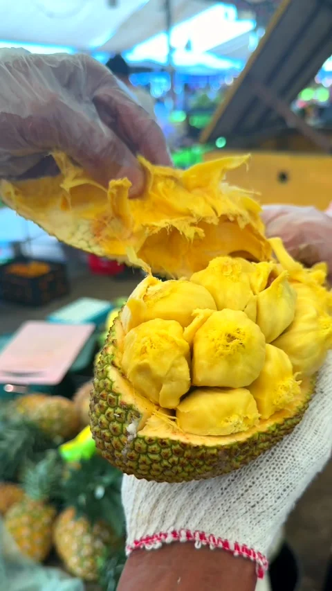 Fresh jackfruit opened by vendor hands at street market, tropical fruit Video stock 337104374
