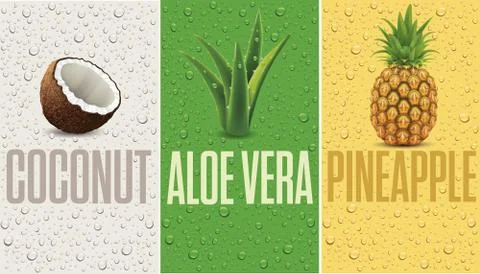 Fresh juice drops background with coconut, pineapple, aloe vera Stock Illustration