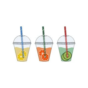 Fresh juice in plastic cups vector illustration. Juice with fruit. Stock Illustration