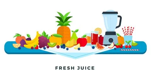 Fresh juice vector flat illustration. Fruits juices. Assorted fruits and berries Illustrazione stock
