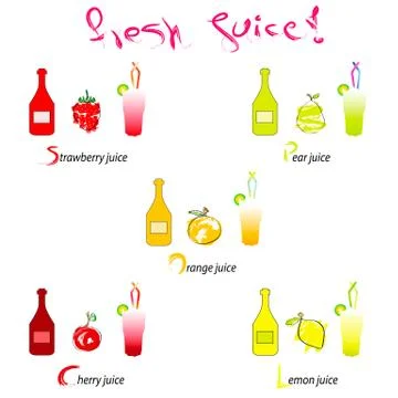 Fresh juice vector illustration - hand drawn fruits with bottles and glasses Stock Illustration