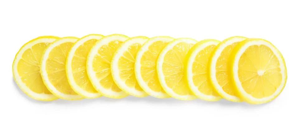 Fresh juicy lemon slices on white background, top view Stock Photos