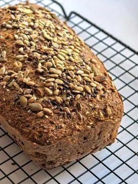 Fresh Keto Bread Loaf With Mixed Seed Topping Stock Photos
