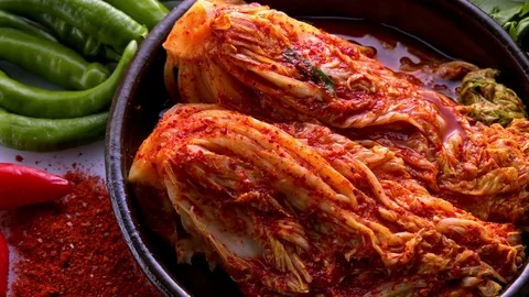 Fresh Kimchi made of Napa Cabbage Stock Footage 81368948