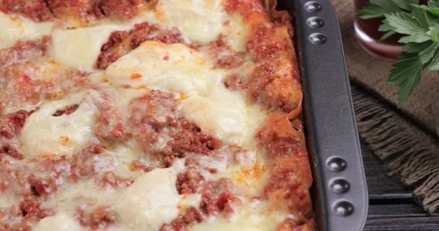 Fresh lasagna in the pan presentation Stock Footage 163437082