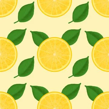 Fresh lemon fruits seamless pattern, citrus sliced fruits, bright yellow back Stock Illustration