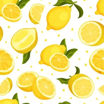 Fresh Lemon Seamless Pattern Design with Bright Yellow Citrus Fruit Vector Illustrazione stock