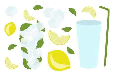 Fresh Lemonade ingredients Flat set.  Stock Illustration