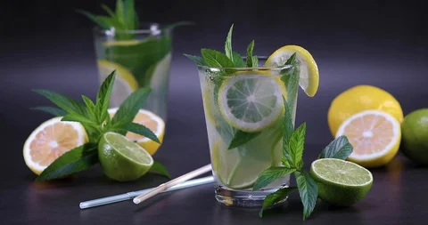 Fresh lemonade with mint in glass Video stock 109486137