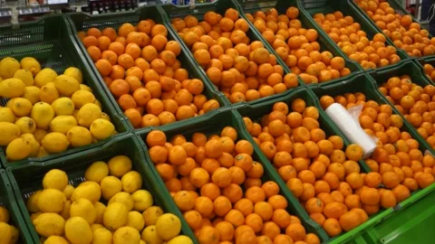 Fresh lemons and mandarins displayed at supermarket in Eastern Russia Stock Footage 318396402