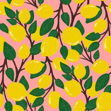 Fresh lemons background. Hand drawn. Seamless pattern with citrus fruits Stock Illustration