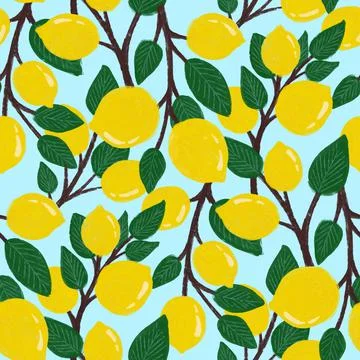Fresh lemons background. Hand drawn. Seamless pattern with citrus fruits Illustrazione stock