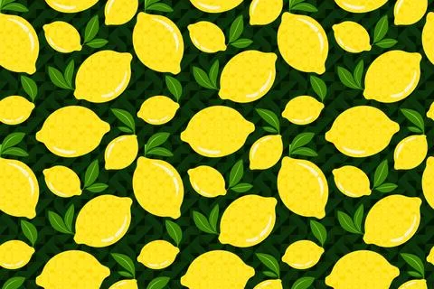 Fresh Lemons with Leaves Seamless Vector Pattern on dark Abstract Background Stock Illustration