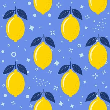 Fresh Lemons with Leaves Seamless Vector Pattern on Light Abstract Background Stock Illustration