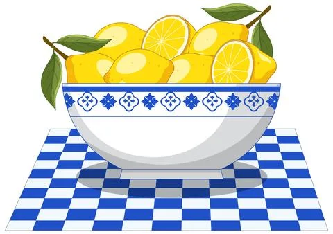 Fresh Lemons in Mediterranean Style Ceramic Bowl on Checkered Tablecloth Stock Illustration