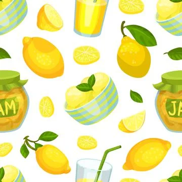 Fresh lemons seamless pattern. Eco organic vegetarian product repeating print Stock Illustration
