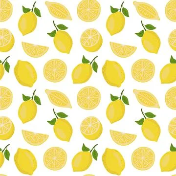 Fresh lemons on transparent background. Summer citrus fruits seamless pattern Stock Illustration