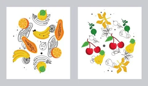 Fresh local fruits set of patterns in white background Stock Illustration