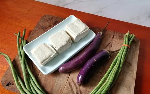 Fresh Long String Beans and Eggplant with Tofu Block Stock Photos