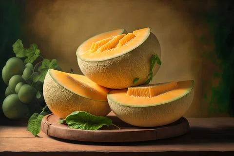 Fresh, luscious Cantaloupe melon slices on a wooden stand against a background Stock Illustration