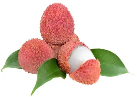 Fresh lychee exotic fruit with leaf isolated Stock Photos