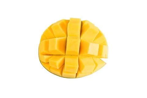 Fresh mango cubes half isolated on white background Stock Photos