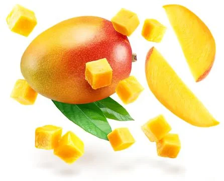 Fresh mango fruit with cubes and slices on white Stock Photos