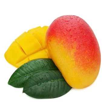 Fresh mango fruit with cut and green leaves isolated on white background. Stock Photos