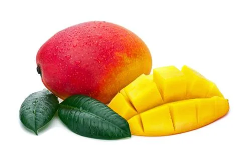Fresh mango fruit with cut and green leaves isolated on white background. Stock Photos