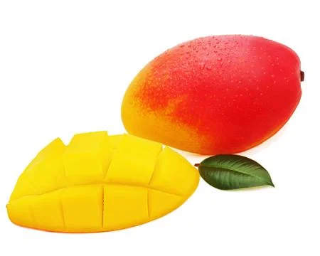 Fresh mango fruit with cut and green leaves isolated on white background. Stock Photos