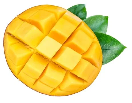 Fresh mango fruit cut into cubes with green leaves Stock Photos