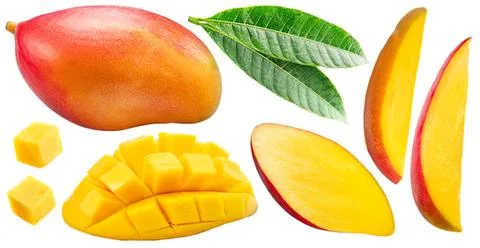 Fresh mango fruit with slices and leaves on white background Stock Photos