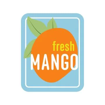 Fresh mango fruit sticker in flat design. Tropical product package badge. Vec Stock Illustration