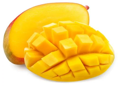 Fresh mango half with cubed pieces on white background Stock Photos