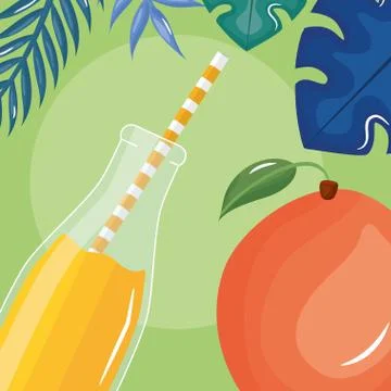 Fresh mango juice fruit in botttle with straw in leafs palms Illustrazione stock