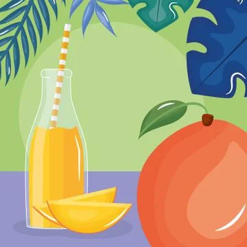 Fresh mango juice fruit in botttle with straw in leafs palms Illustrazione stock