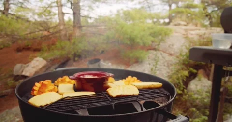 Fresh mango, pineapple slices and a wheel of brie cheese in a ramekin being 스톡 동영상 159608232