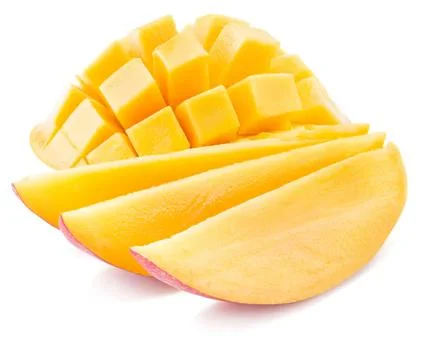 Fresh mango slices and cubes on white background Stock Photos