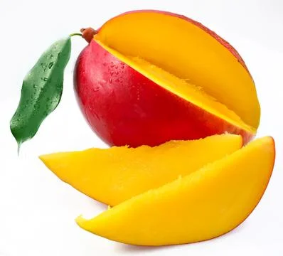 Fresh mango with slices and leaf on white background Stock Photos