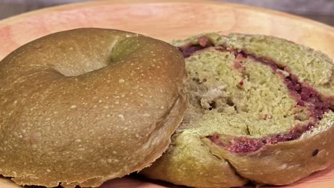 Fresh matcha red bean bagel. Stock Footage 309023151
