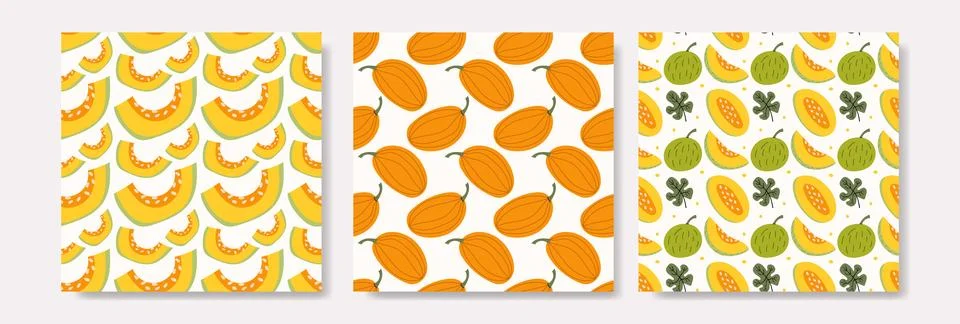 Fresh Melon Fruit Seamless Pattern Set Illustration Stock Illustration