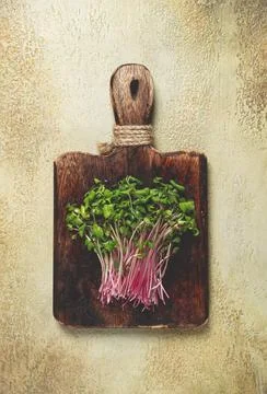 Fresh micro-greens, beetroot sprouts, on a wooden chopping board, top view, no Foto stock