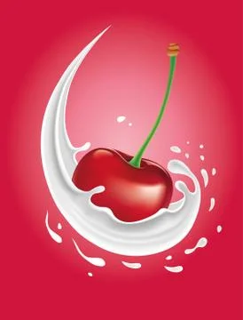 Fresh milk splash with cherry on red background Stock Illustration
