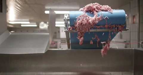 Fresh minced meat falls from a blue conveyor into a bin, Food Factory Vídeo Stock 340041398