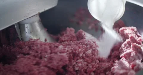 Fresh Minced Meat Mixing With Salt, Steel Bowl, Food Processing Shot Stock Footage 340364521
