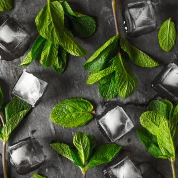 Fresh mint with ice cube on the stone table square Stock Photos