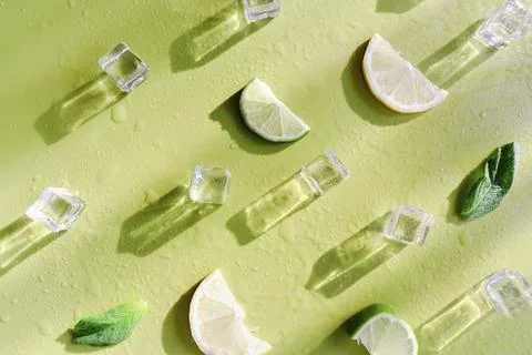 Fresh mint leaf and ice cubes with droplets and lime on green background. Summer Stock Photos