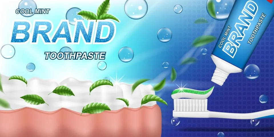 Fresh mint toothpaste ads, mint leaves background. Tooth model and product Stock Illustration