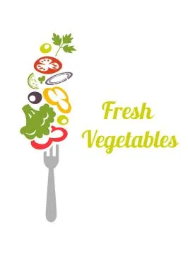 Fresh mixed vegetables on fork. Logo design vector template. Logotype concept Stock Illustration