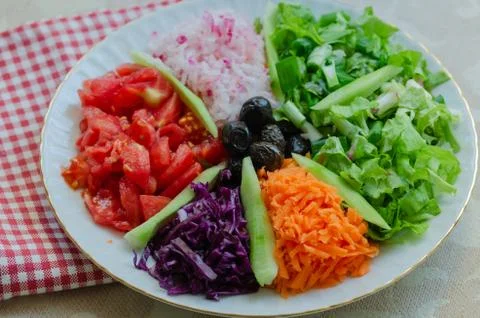 Fresh mixed vegetables salad. Selective focus,top view. Stock Photos